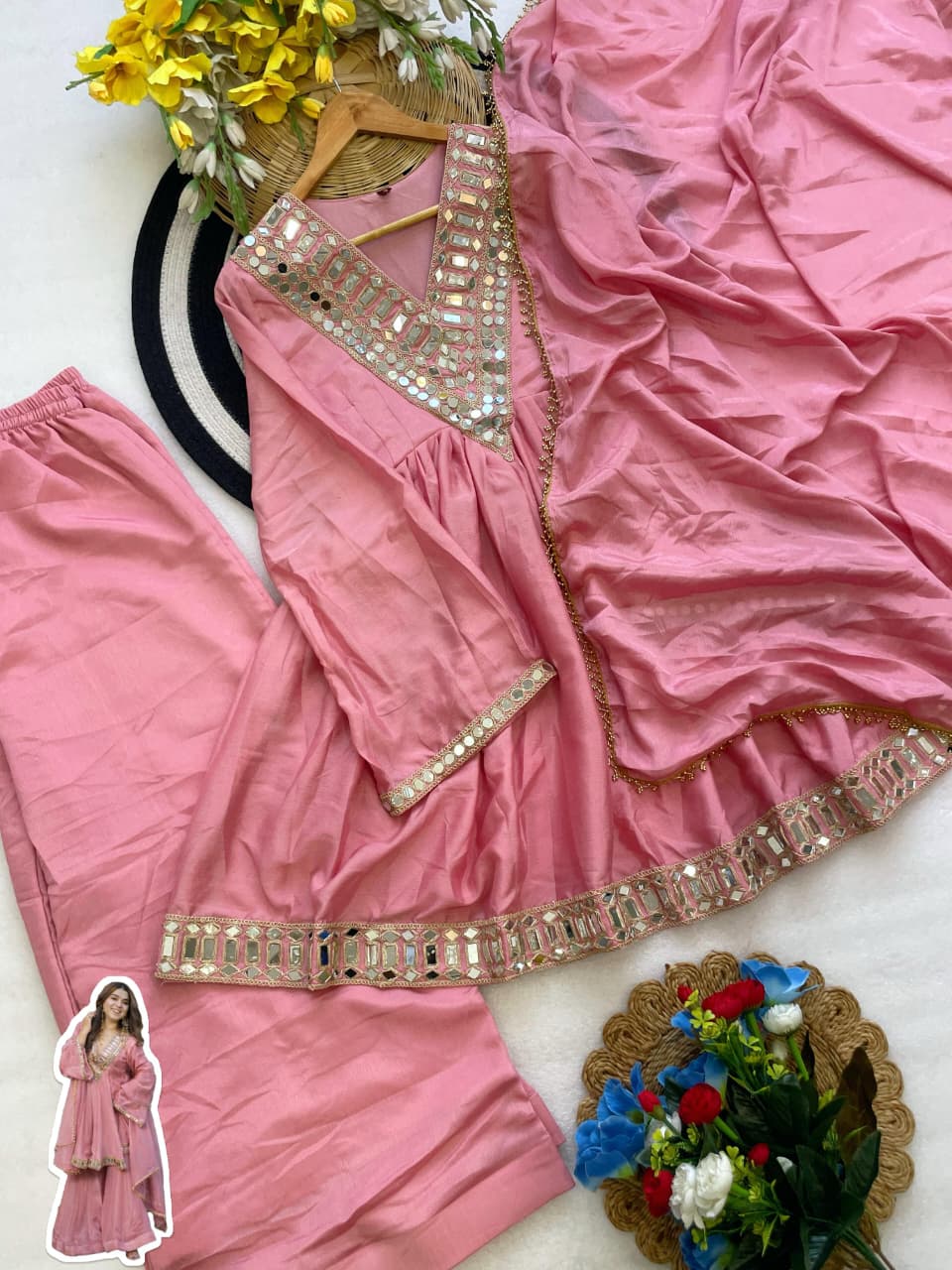 Aliya Cut Kediya Style Real Mirror Work Palazzo Set with Dupatta & Mirror Pouch | Soft Chinon Ethnic Suit Set for Women