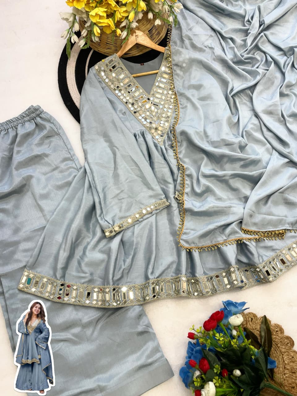 Aliya Cut Kediya Style Real Mirror Work Palazzo Set with Dupatta & Mirror Pouch | Soft Chinon Ethnic Suit Set for Women