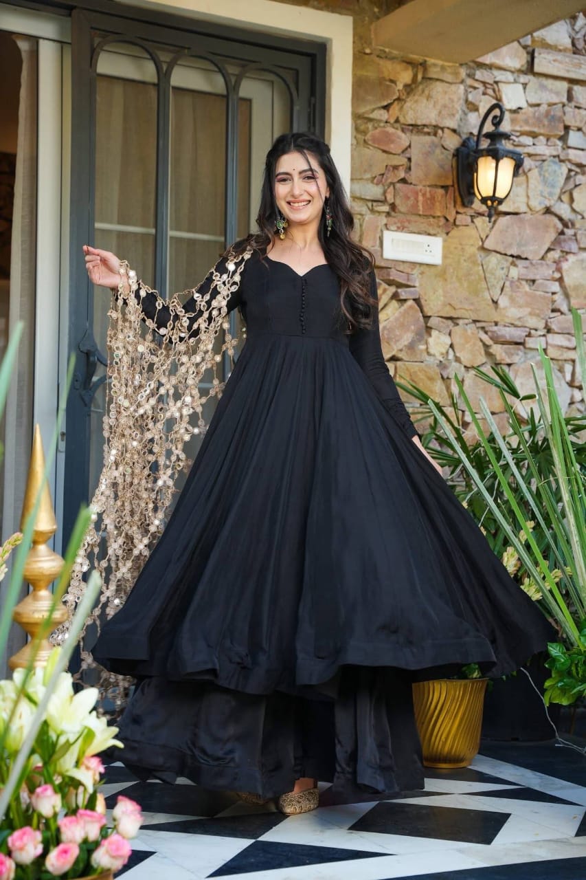 Trending Real Mirror Work Dupatta Set with Heavy Roman Silk Anarkali & Plazzo – Royal Festive Wear