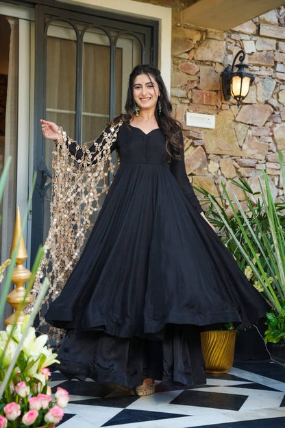 Trending Real Mirror Work Dupatta Set with Heavy Roman Silk Anarkali & Plazzo – Royal Festive Wear