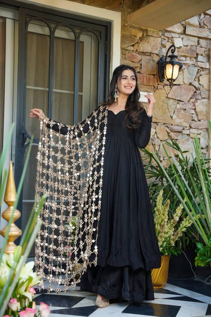 Trending Real Mirror Work Dupatta Set with Heavy Roman Silk Anarkali & Plazzo – Royal Festive Wear