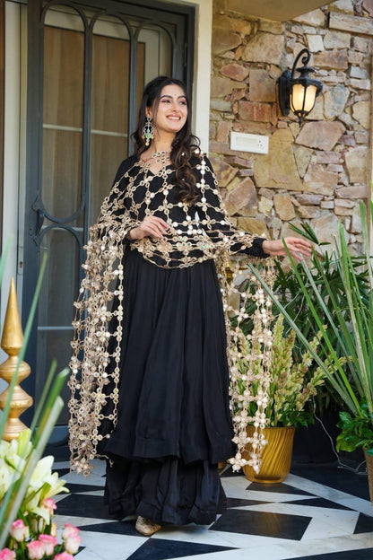 Trending Real Mirror Work Dupatta Set with Heavy Roman Silk Anarkali & Plazzo – Royal Festive Wear