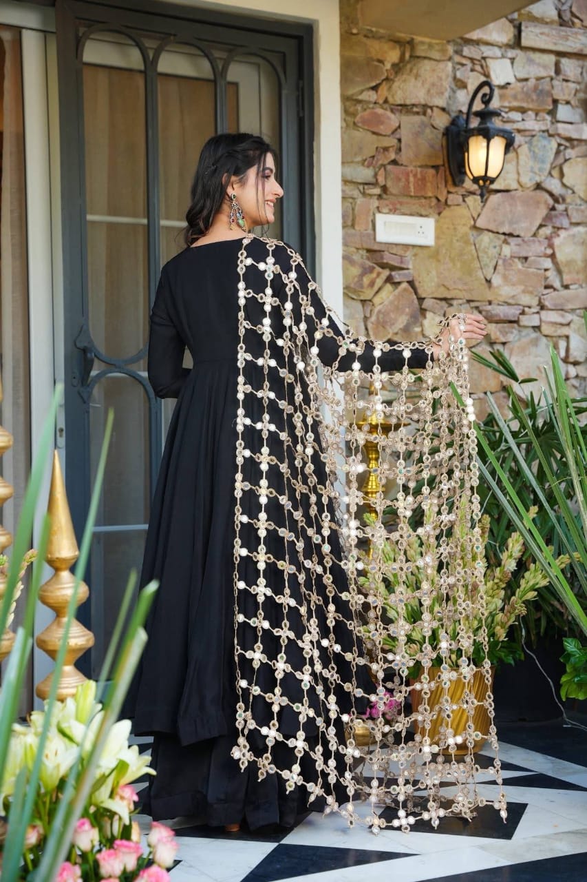 Trending Real Mirror Work Dupatta Set with Heavy Roman Silk Anarkali & Plazzo – Royal Festive Wear