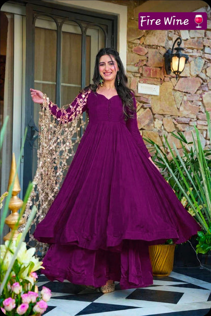 Trending Real Mirror Work Dupatta Set with Heavy Roman Silk Anarkali & Plazzo – Royal Festive Wear