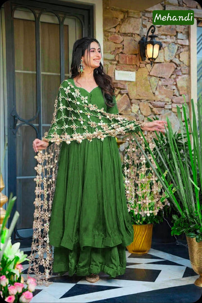 Trending Real Mirror Work Dupatta Set with Heavy Roman Silk Anarkali & Plazzo – Royal Festive Wear