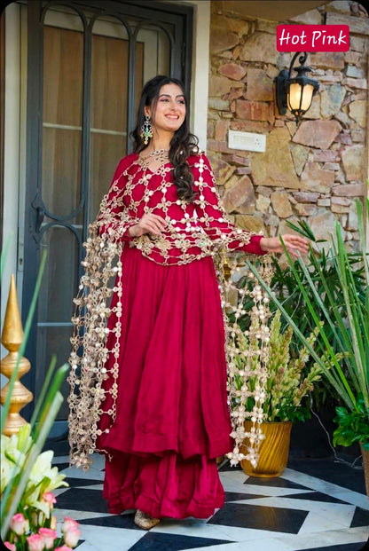 Trending Real Mirror Work Dupatta Set with Heavy Roman Silk Anarkali & Plazzo – Royal Festive Wear