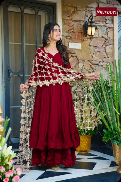 Trending Real Mirror Work Dupatta Set with Heavy Roman Silk Anarkali & Plazzo – Royal Festive Wear