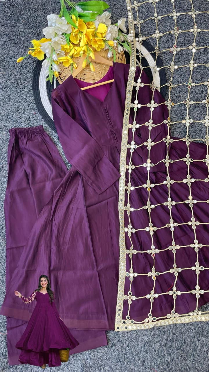 Trending Real Mirror Work Dupatta Set with Heavy Roman Silk Anarkali & Plazzo – Royal Festive Wear