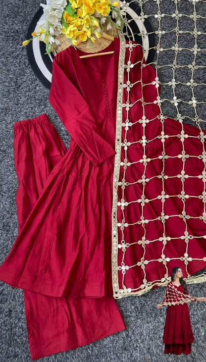 Trending Real Mirror Work Dupatta Set with Heavy Roman Silk Anarkali & Plazzo – Royal Festive Wear