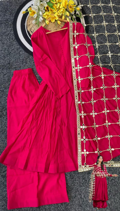 Trending Real Mirror Work Dupatta Set with Heavy Roman Silk Anarkali & Plazzo – Royal Festive Wear
