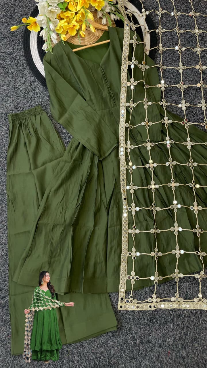 Trending Real Mirror Work Dupatta Set with Heavy Roman Silk Anarkali & Plazzo – Royal Festive Wear