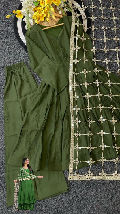 Trending Real Mirror Work Dupatta Set with Heavy Roman Silk Anarkali & Plazzo – Royal Festive Wear