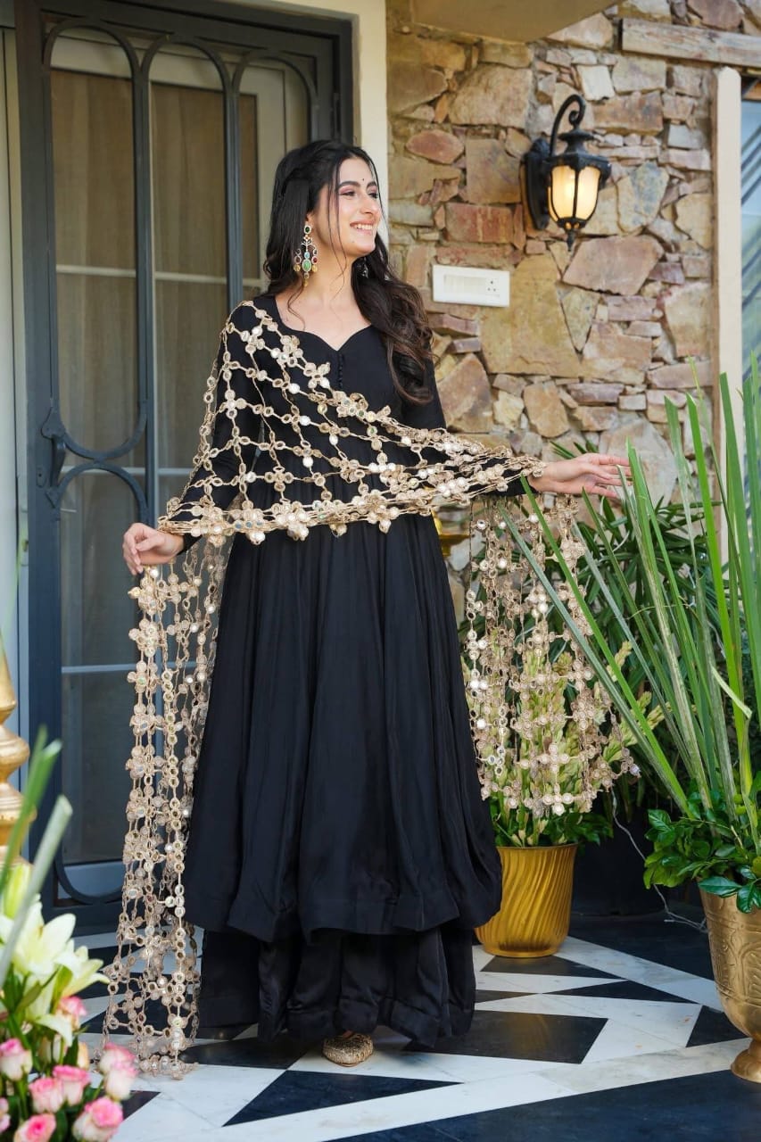 Trending Real Mirror Work Dupatta Set with Heavy Roman Silk Anarkali & Plazzo – Royal Festive Wear