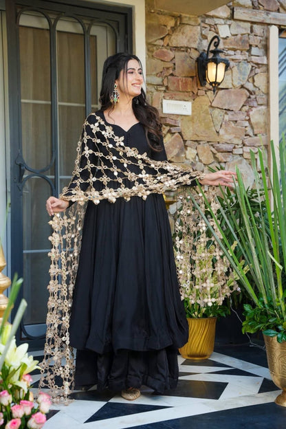 Trending Real Mirror Work Dupatta Set with Heavy Roman Silk Anarkali & Plazzo – Royal Festive Wear