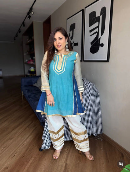 Designer Chinon Silk Co-Ord Set with Hand Gotta Lace Work for Women