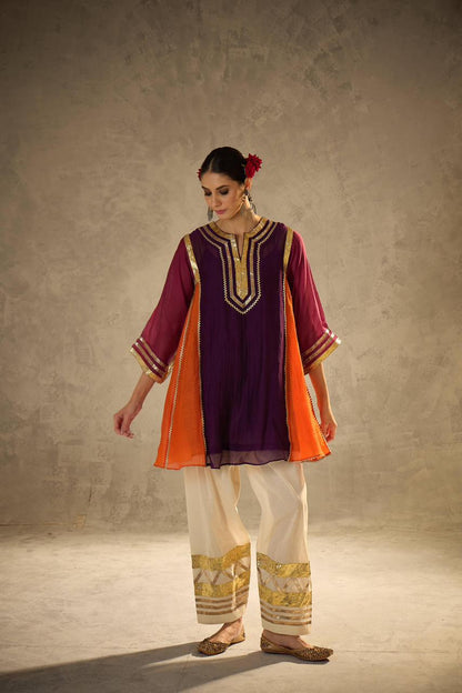 Designer Chinon Silk Co-Ord Set with Hand Gotta Lace Work for Women