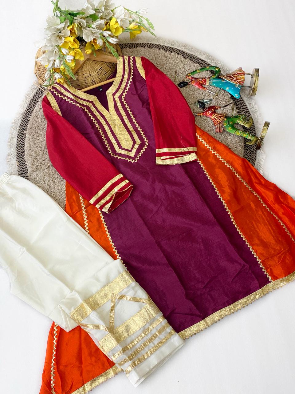 Designer Chinon Silk Co-Ord Set with Hand Gotta Lace Work for Women
