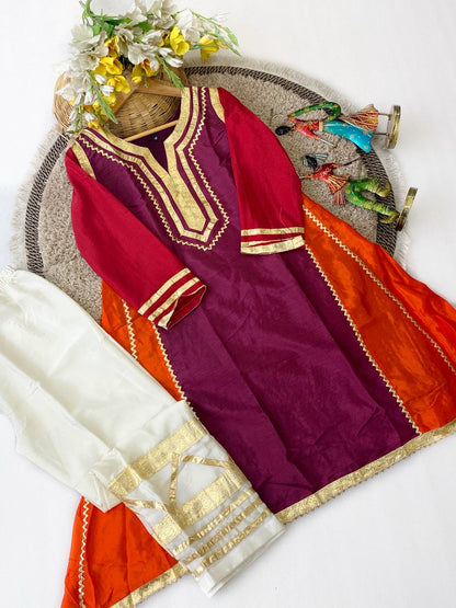 Designer Chinon Silk Co-Ord Set with Hand Gotta Lace Work for Women