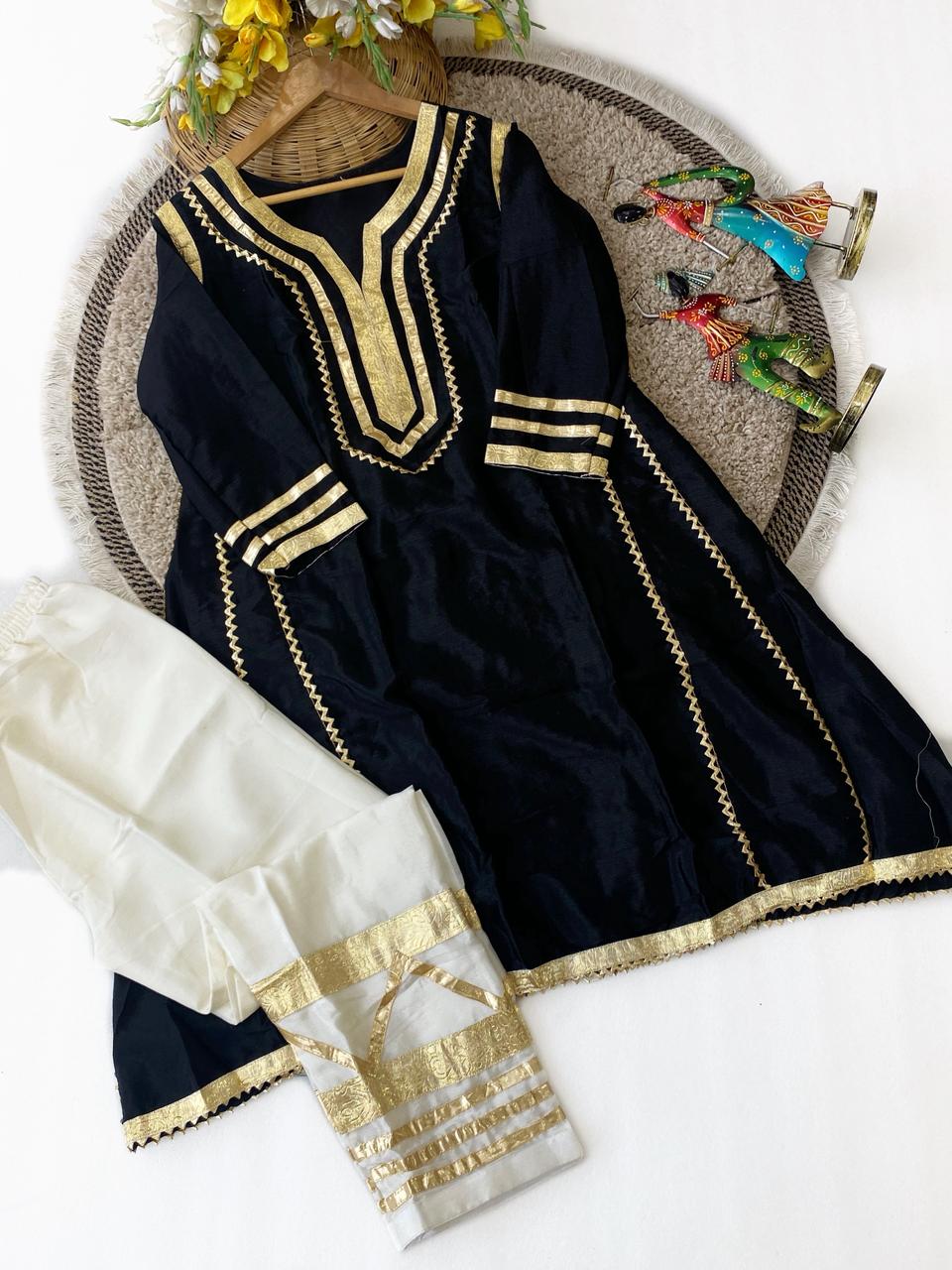 Designer Chinon Silk Co-Ord Set with Hand Gotta Lace Work for Women