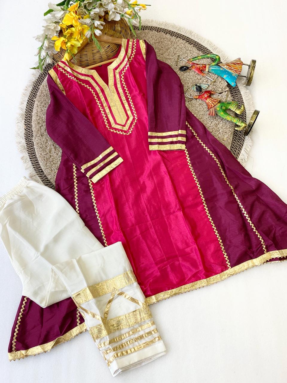 Designer Chinon Silk Co-Ord Set with Hand Gotta Lace Work for Women