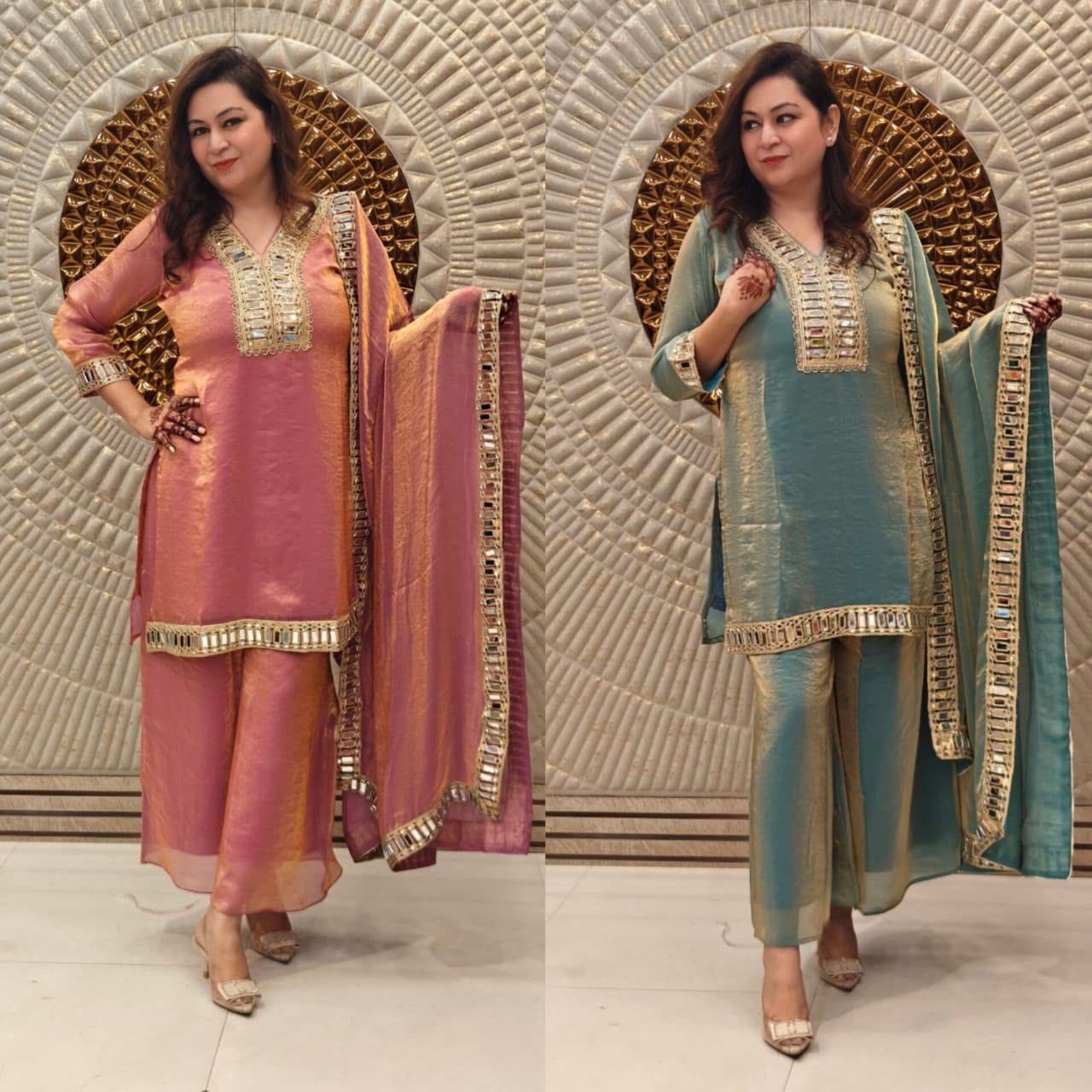 Designer Frendy Silk Peplum Palazzo Set with Mirror Work Dupatta | Festive Wear 3-Piece Ethnic Suit for Women