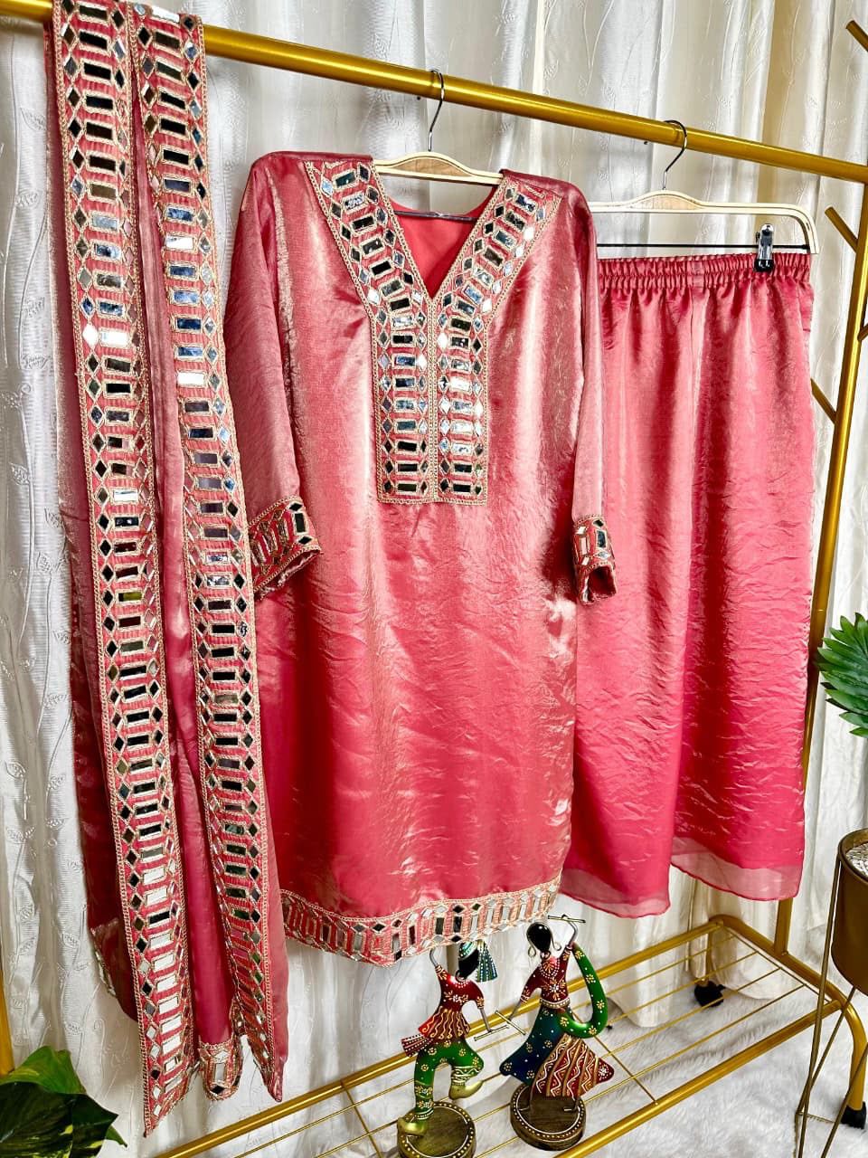 Designer Frendy Silk Peplum Palazzo Set with Mirror Work Dupatta | Festive Wear 3-Piece Ethnic Suit for Women