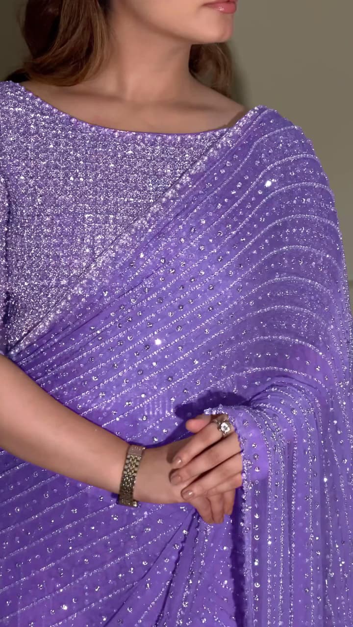 Designer Faux Georgette Saree with Heavy Sequins & Embroidery Work