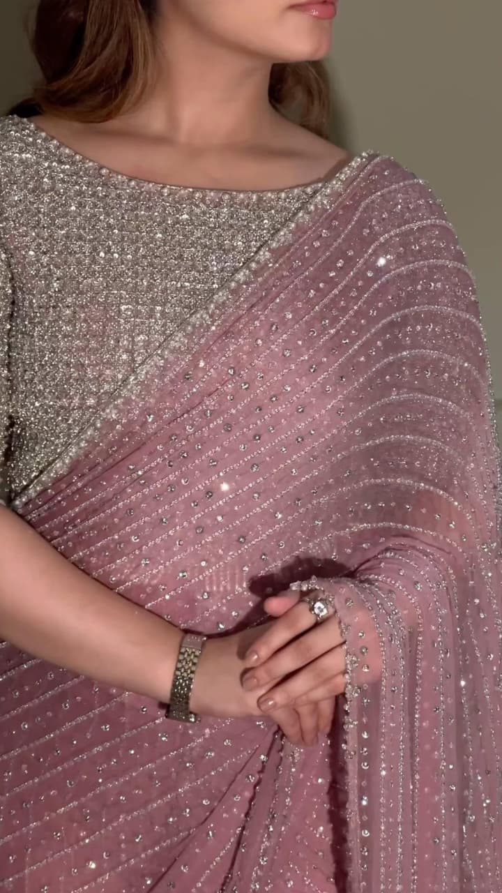 Designer Faux Georgette Saree with Heavy Sequins & Embroidery Work