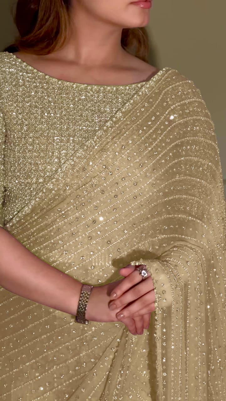 Designer Faux Georgette Saree with Heavy Sequins & Embroidery Work