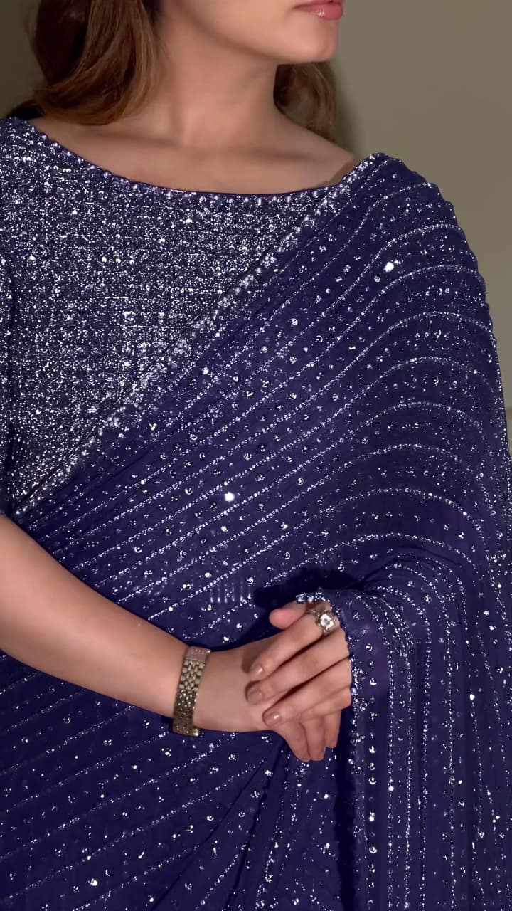 Designer Faux Georgette Saree with Heavy Sequins & Embroidery Work