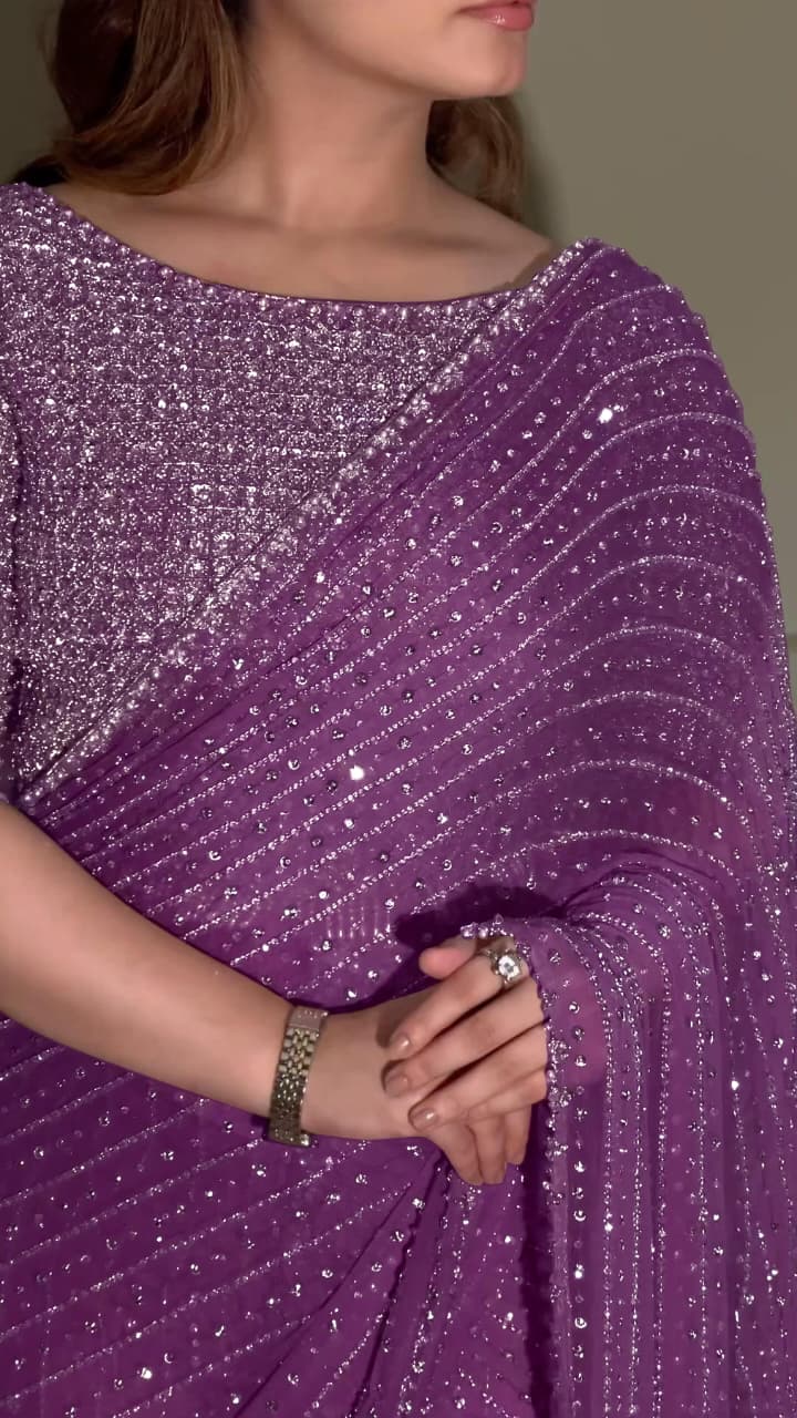 Designer Faux Georgette Saree with Heavy Sequins & Embroidery Work