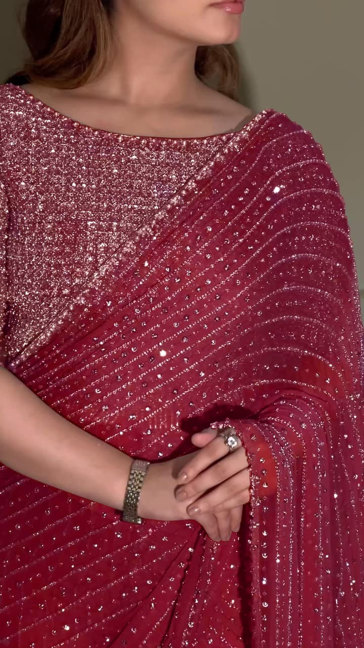 Designer Faux Georgette Saree with Heavy Sequins & Embroidery Work