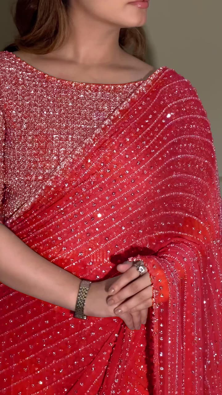 Designer Faux Georgette Saree with Heavy Sequins & Embroidery Work
