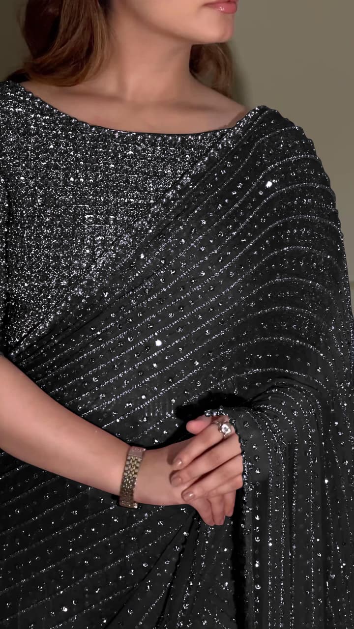 Designer Faux Georgette Saree with Heavy Sequins & Embroidery Work