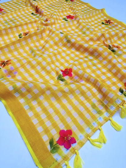 Soft Linen Digital Print Saree with Latkan (Fumka) | Elegant Casual & Festive Wear Saree
