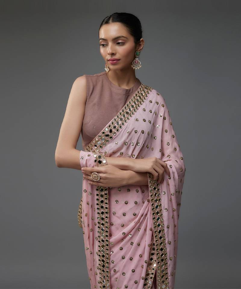 Bollywood Faux Georgette Saree with Sequins Work & Mirror Border