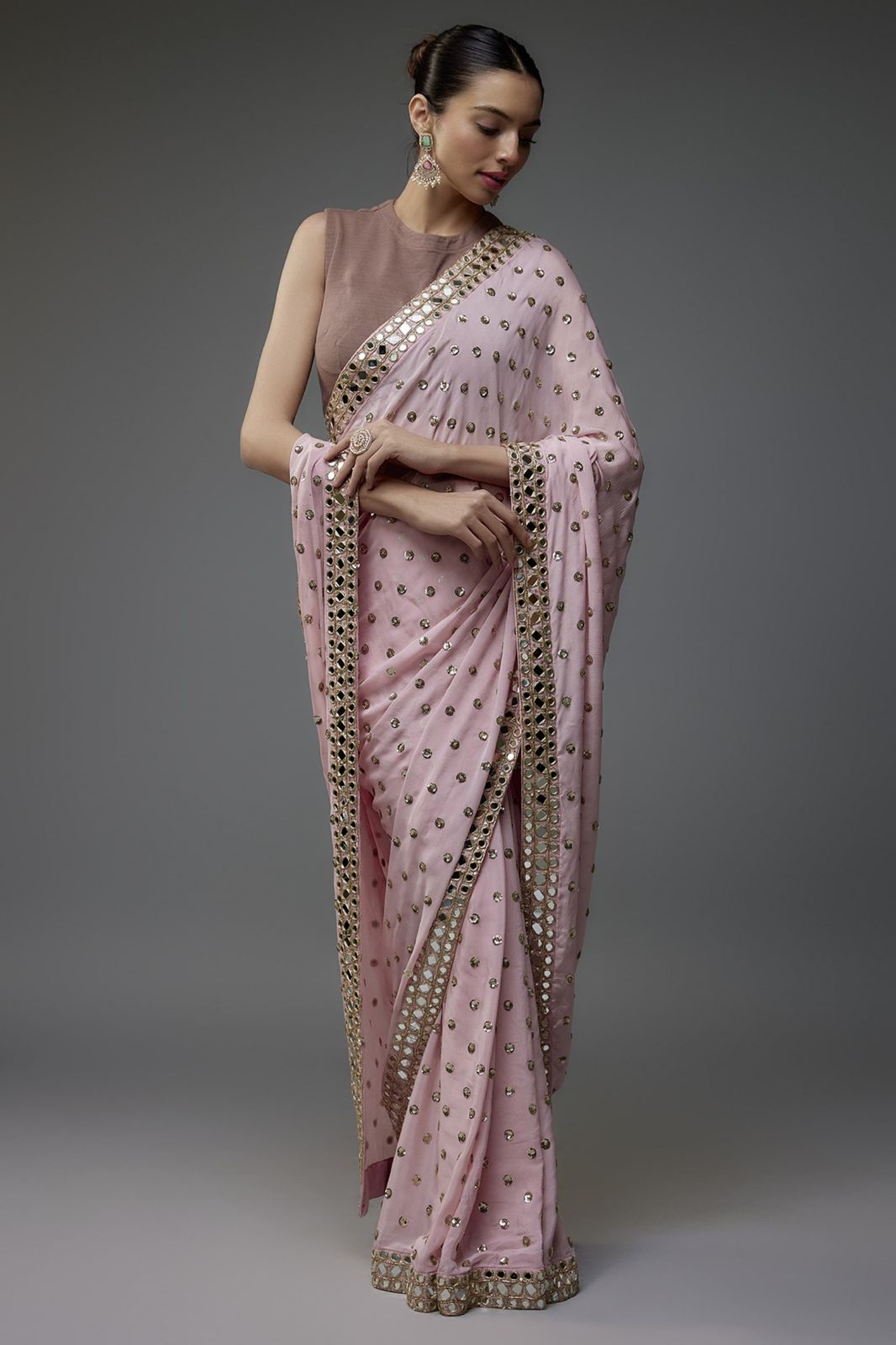 Bollywood Faux Georgette Saree with Sequins Work & Mirror Border