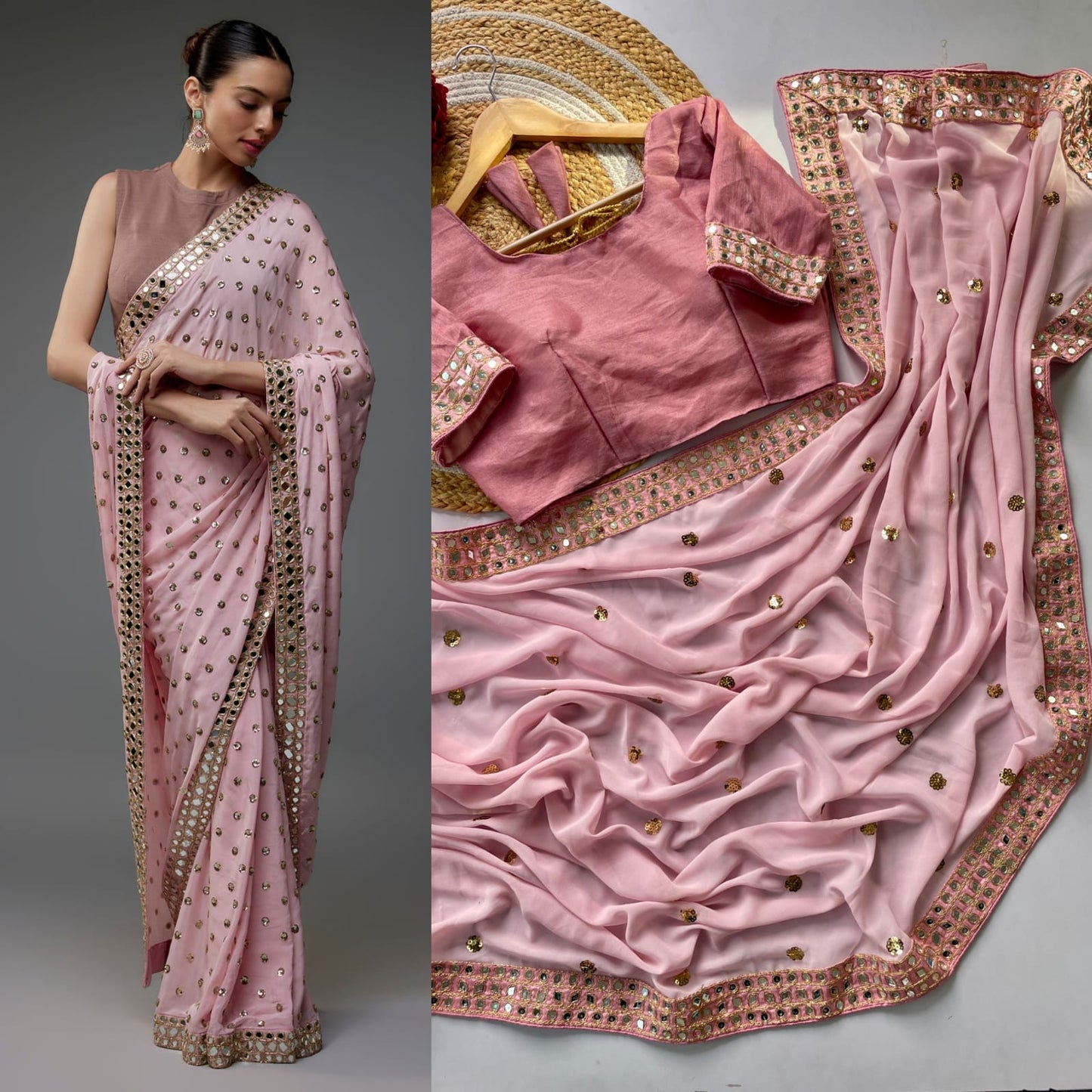 Bollywood Faux Georgette Saree with Sequins Work & Mirror Border