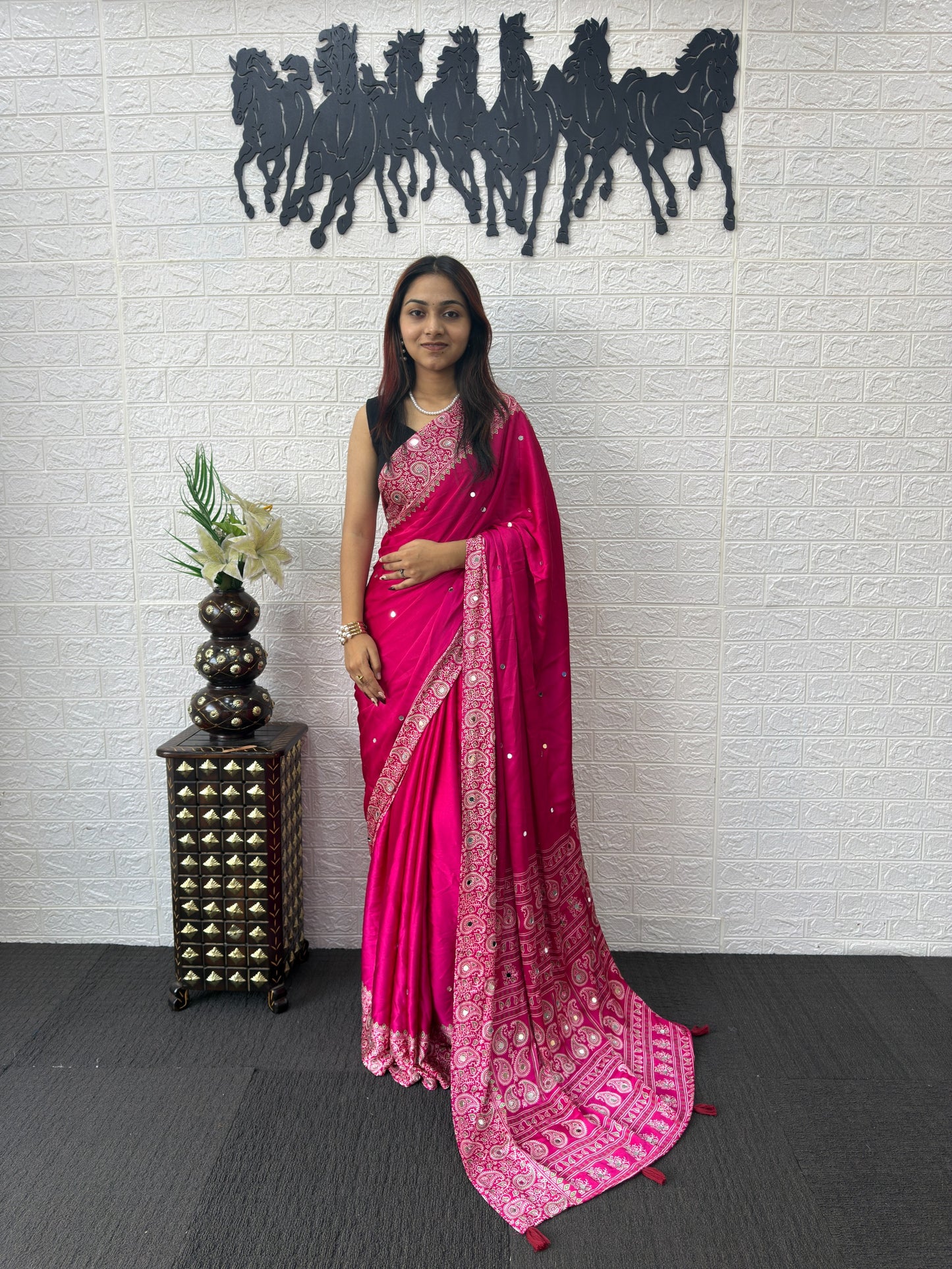 Japan Satin Silk Saree with Heavy Mirror Work | Party Wear & Festive Saree