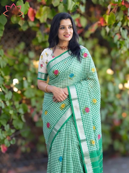 Soft Linen Saree with Mangalagiri Border & Digital Print | Elegant Traditional Wear Saree