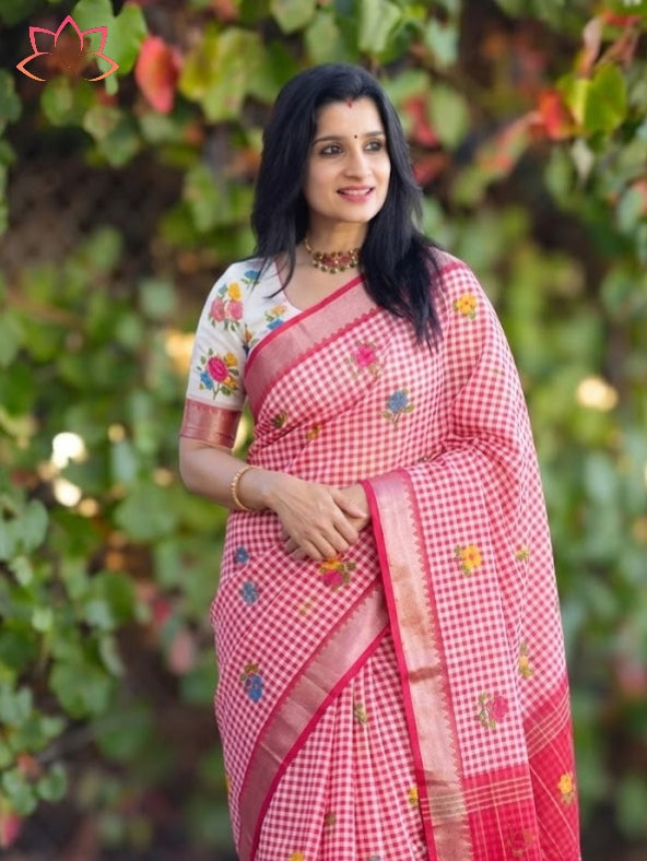 Soft Linen Saree with Mangalagiri Border & Digital Print | Elegant Traditional Wear Saree