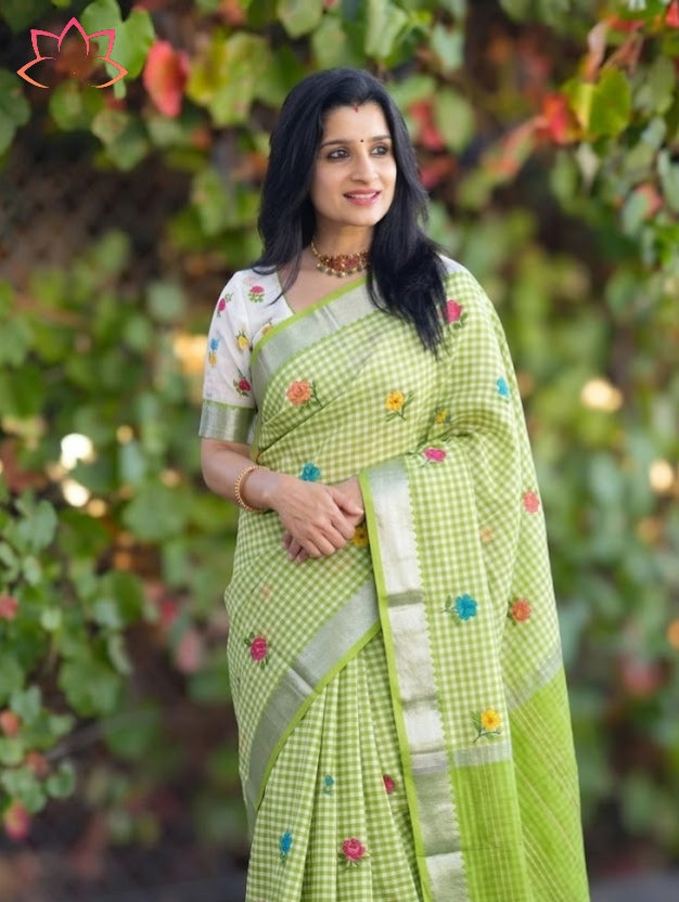 Soft Linen Saree with Mangalagiri Border & Digital Print | Elegant Traditional Wear Saree
