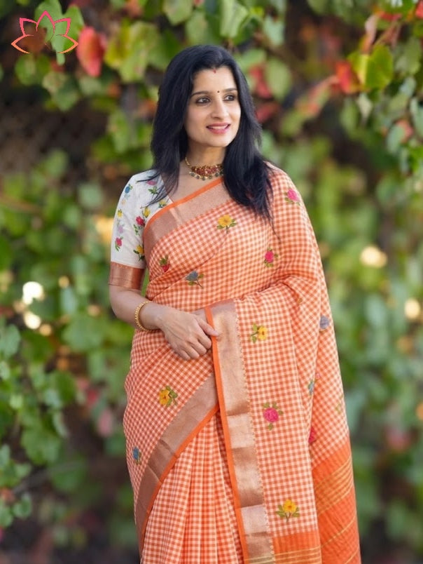 Soft Linen Saree with Mangalagiri Border & Digital Print | Elegant Traditional Wear Saree