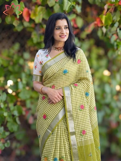 Soft Linen Saree with Mangalagiri Border & Digital Print | Elegant Traditional Wear Saree