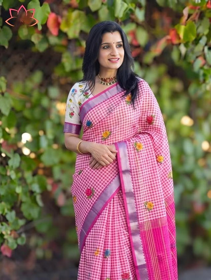 Soft Linen Saree with Mangalagiri Border & Digital Print | Elegant Traditional Wear Saree