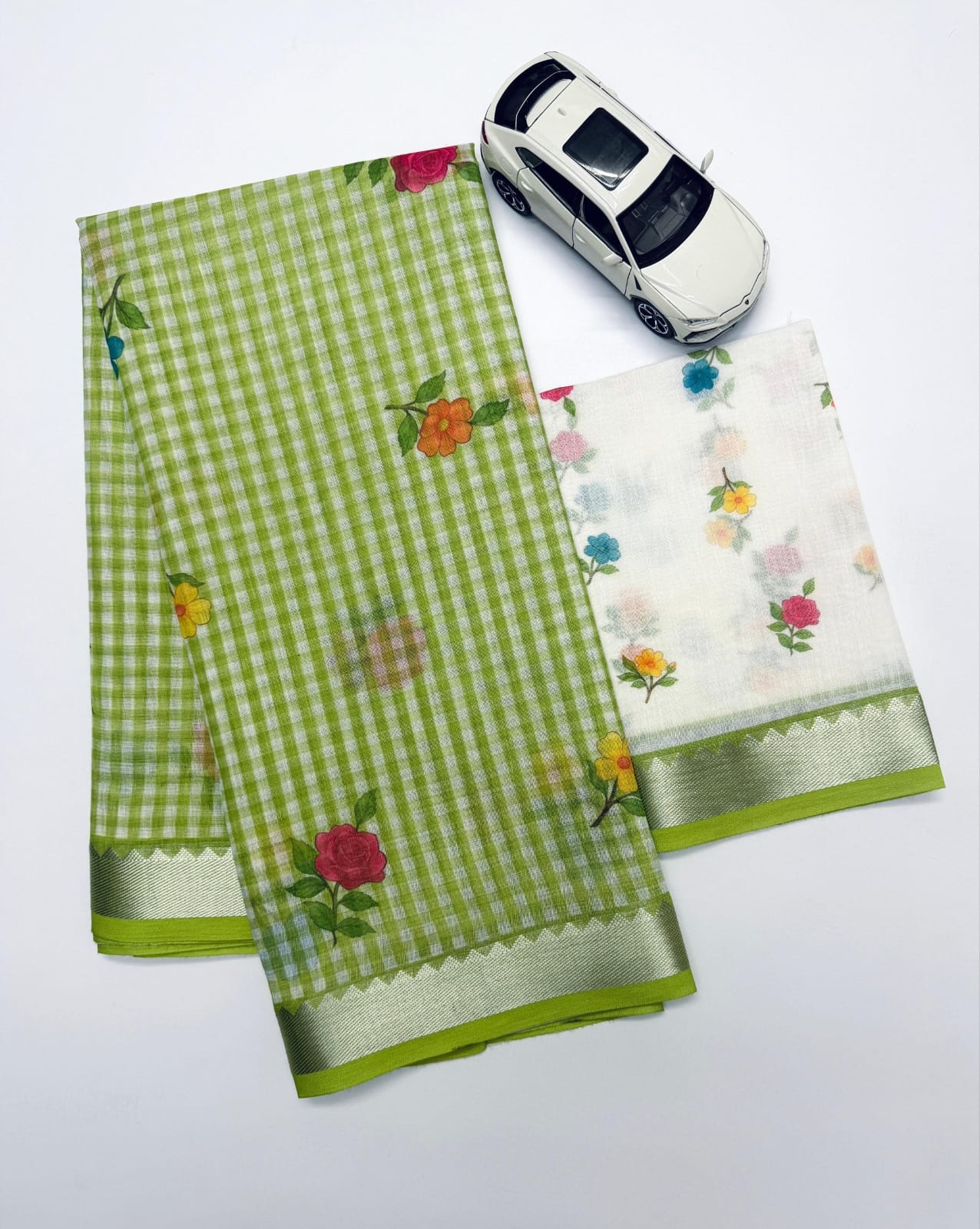 Soft Linen Saree with Mangalagiri Border & Digital Print | Elegant Traditional Wear Saree
