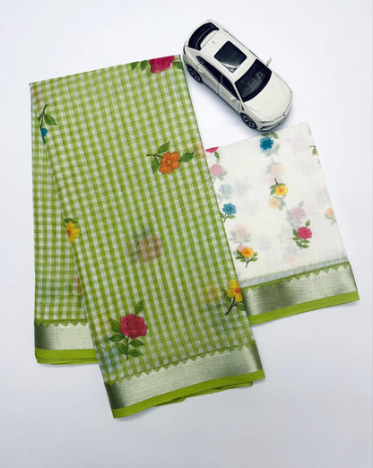 Soft Linen Saree with Mangalagiri Border & Digital Print | Elegant Traditional Wear Saree