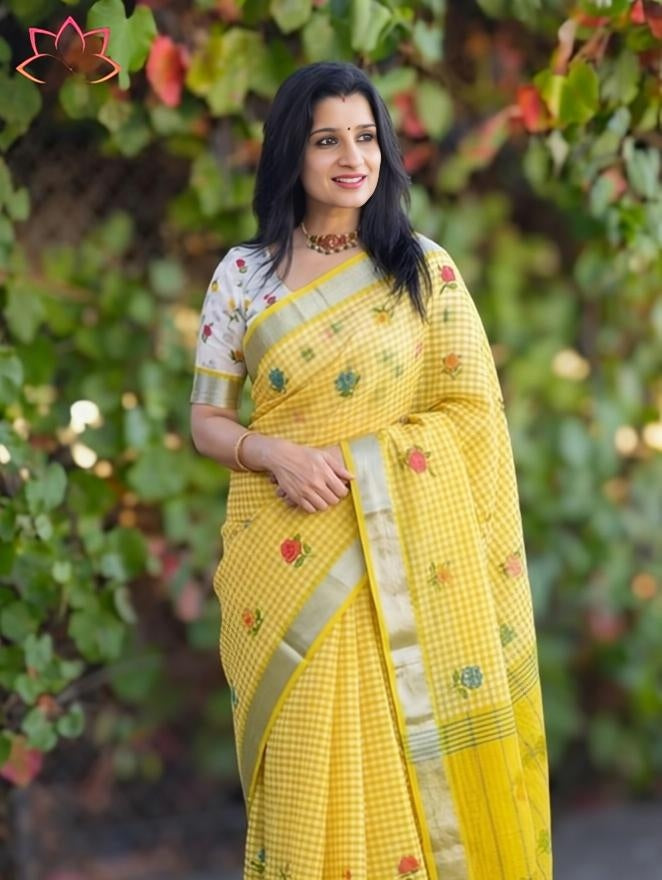 Soft Linen Saree with Mangalagiri Border & Digital Print | Elegant Traditional Wear Saree
