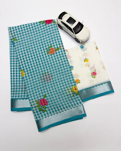 Soft Linen Saree with Mangalagiri Border & Digital Print | Elegant Traditional Wear Saree