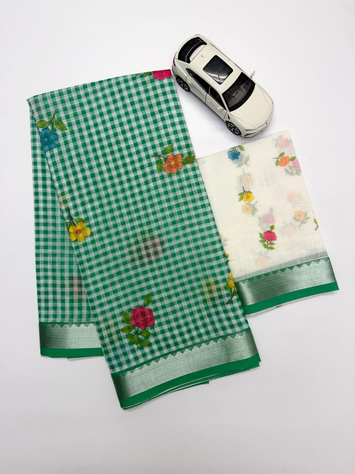 Soft Linen Saree with Mangalagiri Border & Digital Print | Elegant Traditional Wear Saree